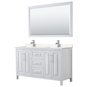 Daria 60 Inch Double Bathroom Vanity in White Carrara Cultured Marble Countertop Undermount Square Sinks 58 Inch Mirror