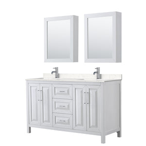 Daria 60 Inch Double Bathroom Vanity in White Carrara Cultured Marble Countertop Undermount Square Sinks Medicine Cabinets