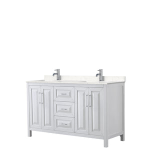 Daria 60 Inch Double Bathroom Vanity in White Carrara Cultured Marble Countertop Undermount Square Sinks No Mirror