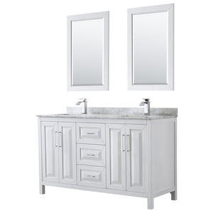 Daria 60 Inch Double Bathroom Vanity in White White Carrara Marble Countertop Undermount Square Sinks and 24 Inch Mirrors