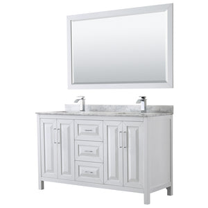 Daria 60 Inch Double Bathroom Vanity in White White Carrara Marble Countertop Undermount Square Sinks and 58 Inch Mirror