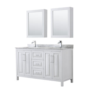 Daria 60 Inch Double Bathroom Vanity in White White Carrara Marble Countertop Undermount Square Sinks and Medicine Cabinets
