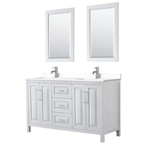 Daria 60 Inch Double Bathroom Vanity in White White Cultured Marble Countertop Undermount Square Sinks 24 Inch Mirrors