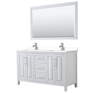 Daria 60 Inch Double Bathroom Vanity in White White Cultured Marble Countertop Undermount Square Sinks 58 Inch Mirror