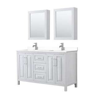 Daria 60 Inch Double Bathroom Vanity in White White Cultured Marble Countertop Undermount Square Sinks Medicine Cabinets