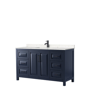 Daria 60 Inch Single Bathroom Vanity in Dark Blue Carrara Cultured Marble Countertop Undermount Square Sink Matte Black Trim