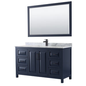 Daria 60 Inch Single Bathroom Vanity in Dark Blue White Carrara Marble Countertop Undermount Square Sink Matte Black Trim 58 Inch Mirror