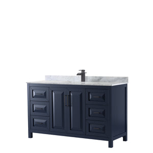 Daria 60 Inch Single Bathroom Vanity in Dark Blue White Carrara Marble Countertop Undermount Square Sink Matte Black Trim