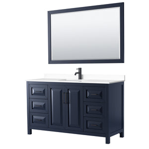 Daria 60 Inch Single Bathroom Vanity in Dark Blue White Cultured Marble Countertop Undermount Square Sink Matte Black Trim 58 Inch Mirror
