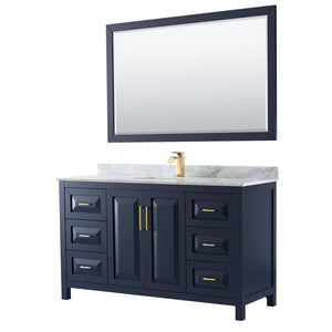 Daria 60 Inch Single Bathroom Vanity in Dark Blue White Carrara Marble Countertop Undermount Square Sink 58 Inch Mirror
