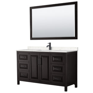 Daria 60 Inch Single Bathroom Vanity in Dark Espresso Carrara Cultured Marble Countertop Undermount Square Sink Matte Black Trim 58 Inch Mirror
