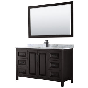 Daria 60 Inch Single Bathroom Vanity in Dark Espresso White Carrara Marble Countertop Undermount Square Sink Matte Black Trim 58 Inch Mirror