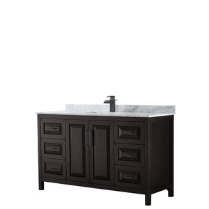 Daria 60 Inch Single Bathroom Vanity in Dark Espresso White Carrara Marble Countertop Undermount Square Sink Matte Black Trim