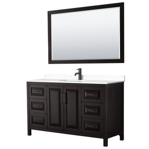 Daria 60 Inch Single Bathroom Vanity in Dark Espresso White Cultured Marble Countertop Undermount Square Sink Matte Black Trim 58 Inch Mirror