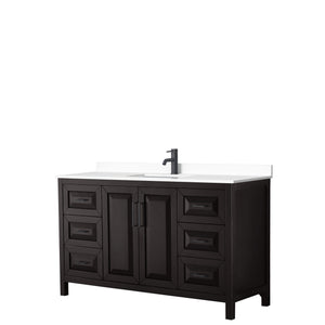 Daria 60 Inch Single Bathroom Vanity in Dark Espresso White Cultured Marble Countertop Undermount Square Sink Matte Black Trim
