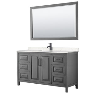 Daria 60 Inch Single Bathroom Vanity in Dark Gray Carrara Cultured Marble Countertop Undermount Square Sink Matte Black Trim 58 Inch Mirror