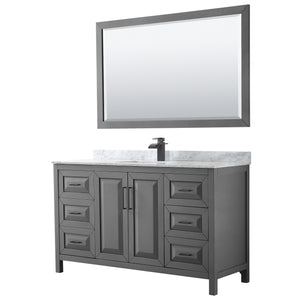 Daria 60 Inch Single Bathroom Vanity in Dark Gray White Carrara Marble Countertop Undermount Square Sink Matte Black Trim 58 Inch Mirror