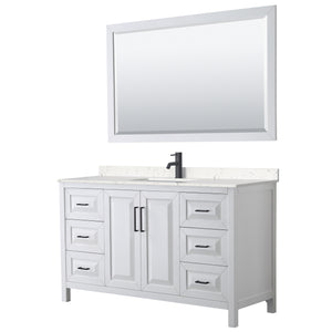 Daria 60 Inch Single Bathroom Vanity in White Carrara Cultured Marble Countertop Undermount Square Sink Matte Black Trim 58 Inch Mirror