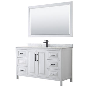 Daria 60 Inch Single Bathroom Vanity in White White Carrara Marble Countertop Undermount Square Sink Matte Black Trim 58 Inch Mirror