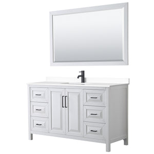 Daria 60 Inch Single Bathroom Vanity in White White Cultured Marble Countertop Undermount Square Sink Matte Black Trim 58 Inch Mirror