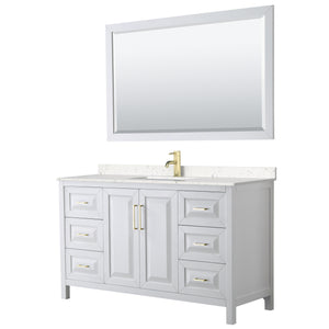 Daria 60 Inch Single Bathroom Vanity in White Carrara Cultured Marble Countertop Undermount Square Sink 58 Inch Mirror Brushed Gold Trim
