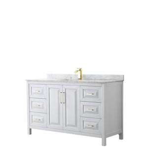 Daria 60 Inch Single Bathroom Vanity in White White Carrara Marble Countertop Undermount Square Sink Brushed Gold Trim