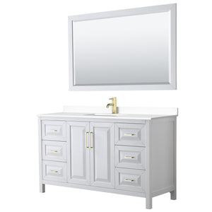 Daria 60 Inch Single Bathroom Vanity in White White Cultured Marble Countertop Undermount Square Sink 58 Inch Mirror Brushed Gold Trim