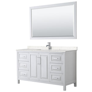 Daria 60 Inch Single Bathroom Vanity in White Carrara Cultured Marble Countertop Undermount Square Sink 58 Inch Mirror
