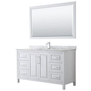 Daria 60 Inch Single Bathroom Vanity in White White Carrara Marble Countertop Undermount Square Sink and 58 Inch Mirror