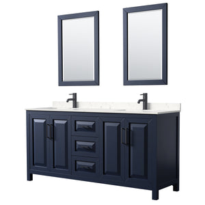 Daria 72 Inch Double Bathroom Vanity in Dark Blue Carrara Cultured Marble Countertop Undermount Square Sinks Matte Black Trim 24 Inch Mirrors