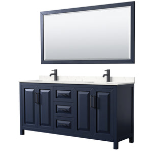 Daria 72 Inch Double Bathroom Vanity in Dark Blue Carrara Cultured Marble Countertop Undermount Square Sinks Matte Black Trim 70 Inch Mirror