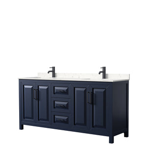 Daria 72 Inch Double Bathroom Vanity in Dark Blue Carrara Cultured Marble Countertop Undermount Square Sinks Matte Black Trim