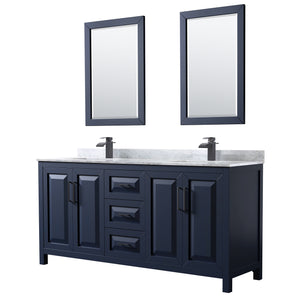 Daria 72 Inch Double Bathroom Vanity in Dark Blue White Carrara Marble Countertop Undermount Square Sinks Matte Black Trim 24 Inch Mirrors
