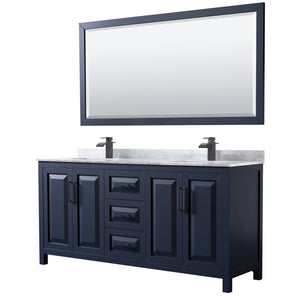 Daria 72 Inch Double Bathroom Vanity in Dark Blue White Carrara Marble Countertop Undermount Square Sinks Matte Black Trim 70 Inch Mirror
