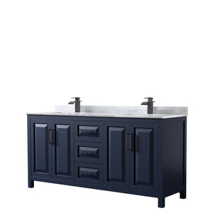 Daria 72 Inch Double Bathroom Vanity in Dark Blue White Carrara Marble Countertop Undermount Square Sinks Matte Black Trim