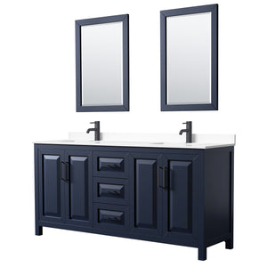 Daria 72 Inch Double Bathroom Vanity in Dark Blue White Cultured Marble Countertop Undermount Square Sinks Matte Black Trim 24 Inch Mirrors