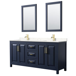 Daria 72 Inch Double Bathroom Vanity in Dark Blue Carrara Cultured Marble Countertop Undermount Square Sinks 24 Inch Mirrors