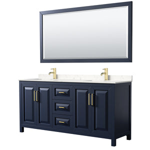 Daria 72 Inch Double Bathroom Vanity in Dark Blue Carrara Cultured Marble Countertop Undermount Square Sinks 70 Inch Mirror