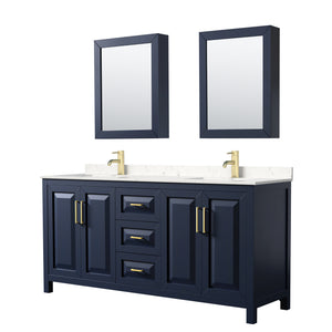 Daria 72 Inch Double Bathroom Vanity in Dark Blue Carrara Cultured Marble Countertop Undermount Square Sinks Medicine Cabinets