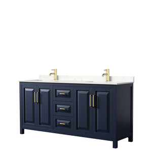 Daria 72 Inch Double Bathroom Vanity in Dark Blue Carrara Cultured Marble Countertop Undermount Square Sinks No Mirror