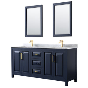 Daria 72 Inch Double Bathroom Vanity in Dark Blue White Carrara Marble Countertop Undermount Square Sinks 24 Inch Mirrors