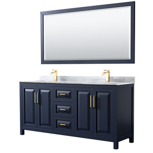 Daria 72 Inch Double Bathroom Vanity in Dark Blue White Carrara Marble Countertop Undermount Square Sinks 70 Inch Mirror