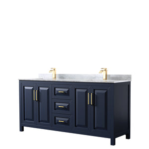 Daria 72 Inch Double Bathroom Vanity in Dark Blue White Carrara Marble Countertop Undermount Square Sinks No Mirror