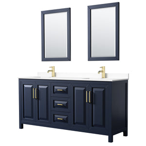 Daria 72 Inch Double Bathroom Vanity in Dark Blue White Cultured Marble Countertop Undermount Square Sinks 24 Inch Mirrors