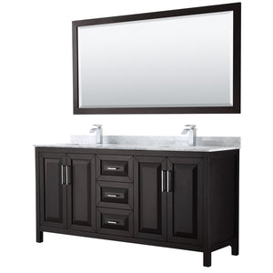 Daria 72 Inch Double Bathroom Vanity in Dark Espresso White Carrara Marble Countertop Undermount Square Sinks and 70 Inch Mirror