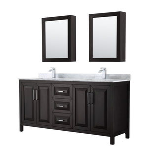 Daria 72 Inch Double Bathroom Vanity in Dark Espresso White Carrara Marble Countertop Undermount Square Sinks and Medicine Cabinets