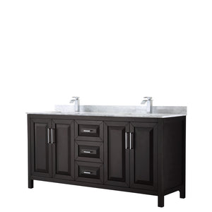 Daria 72 Inch Double Bathroom Vanity in Dark Espresso White Carrara Marble Countertop Undermount Square Sinks and No Mirror