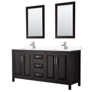 Daria 72 Inch Double Bathroom Vanity in Dark Espresso White Cultured Marble Countertop Undermount Square Sinks 24 Inch Mirrors