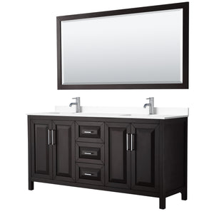 Daria 72 Inch Double Bathroom Vanity in Dark Espresso White Cultured Marble Countertop Undermount Square Sinks 70 Inch Mirror