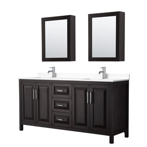 Daria 72 Inch Double Bathroom Vanity in Dark Espresso White Cultured Marble Countertop Undermount Square Sinks Medicine Cabinets
